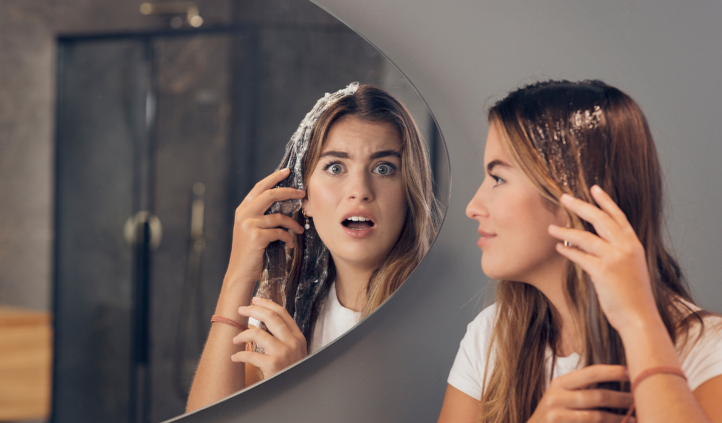 young woman applying plastic in her hair